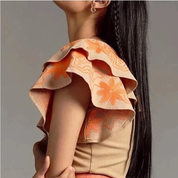 Anthropologie Dolan One-Shoulder Dress in Tan with Orange Floral Accents - Picture 3 of 5